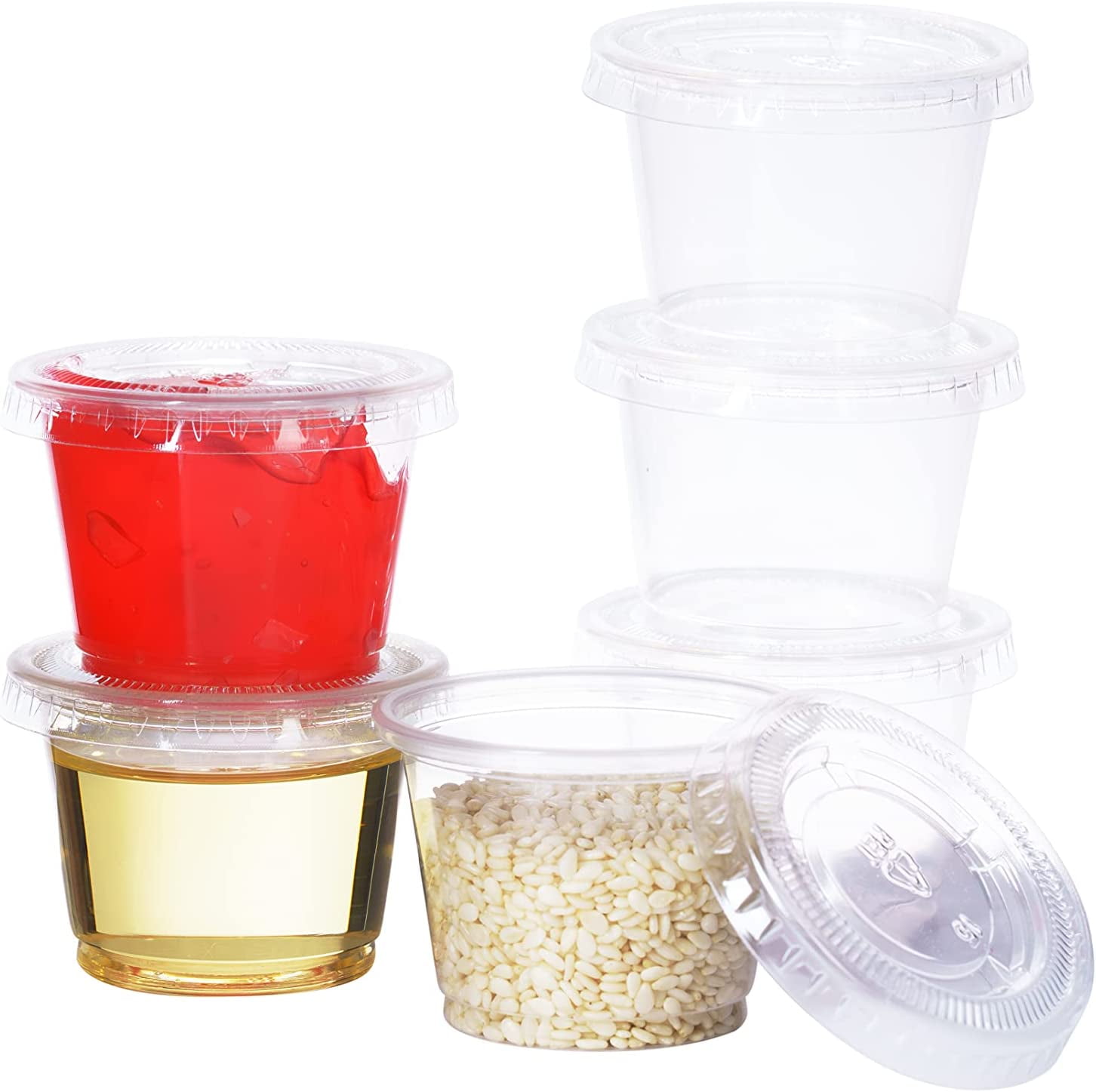 100x Small Plastic Sauce Cups Food Storage Containers U2H7 Clear Lids + B8O6