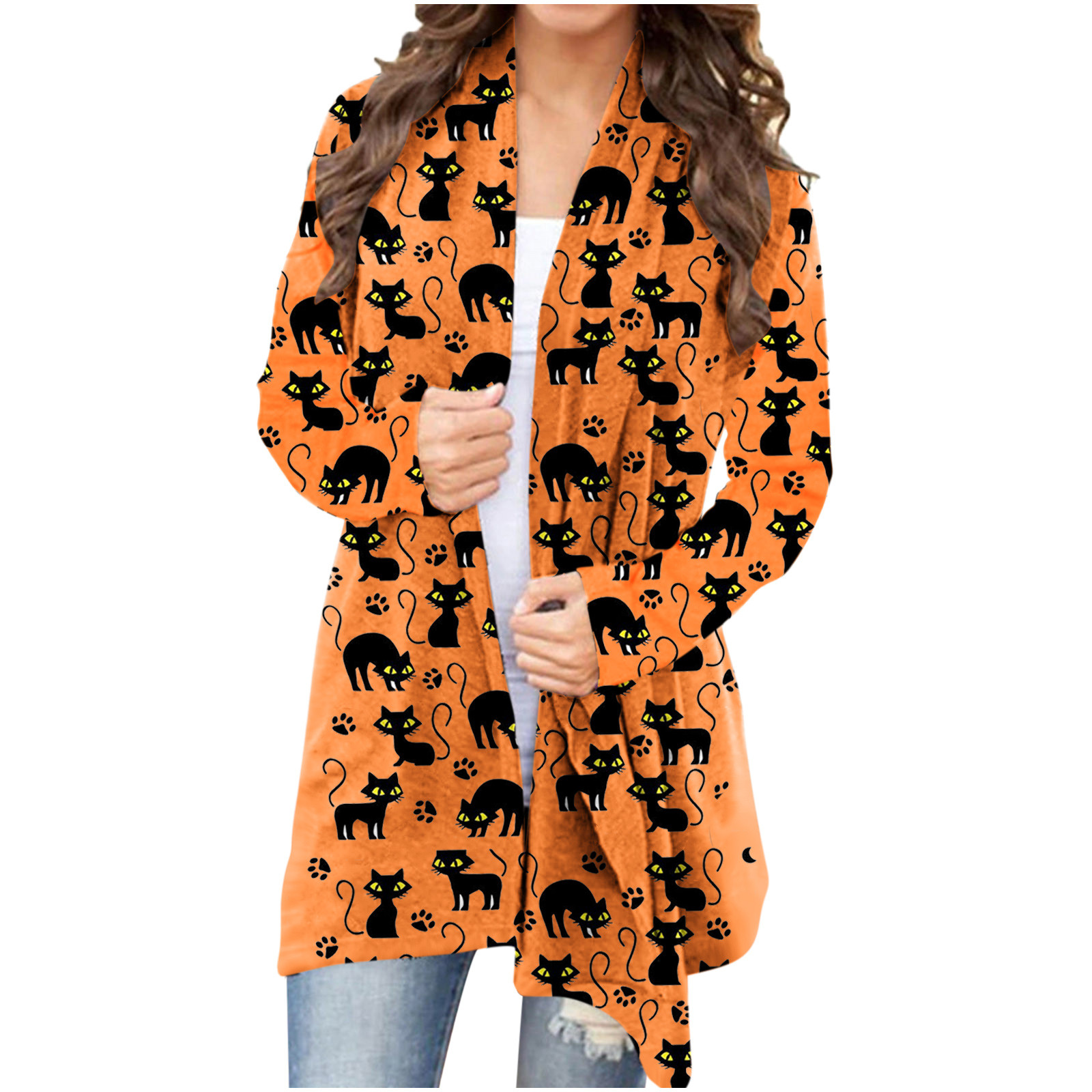 Halloween Women/'s Cardigan Long Sleeve Draped Sweater Blouse Pumpkin Print Tops