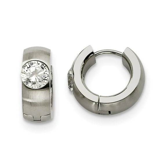 Stainless Steel CZ Brushed & Polished Round Hinged Hoop Earrings