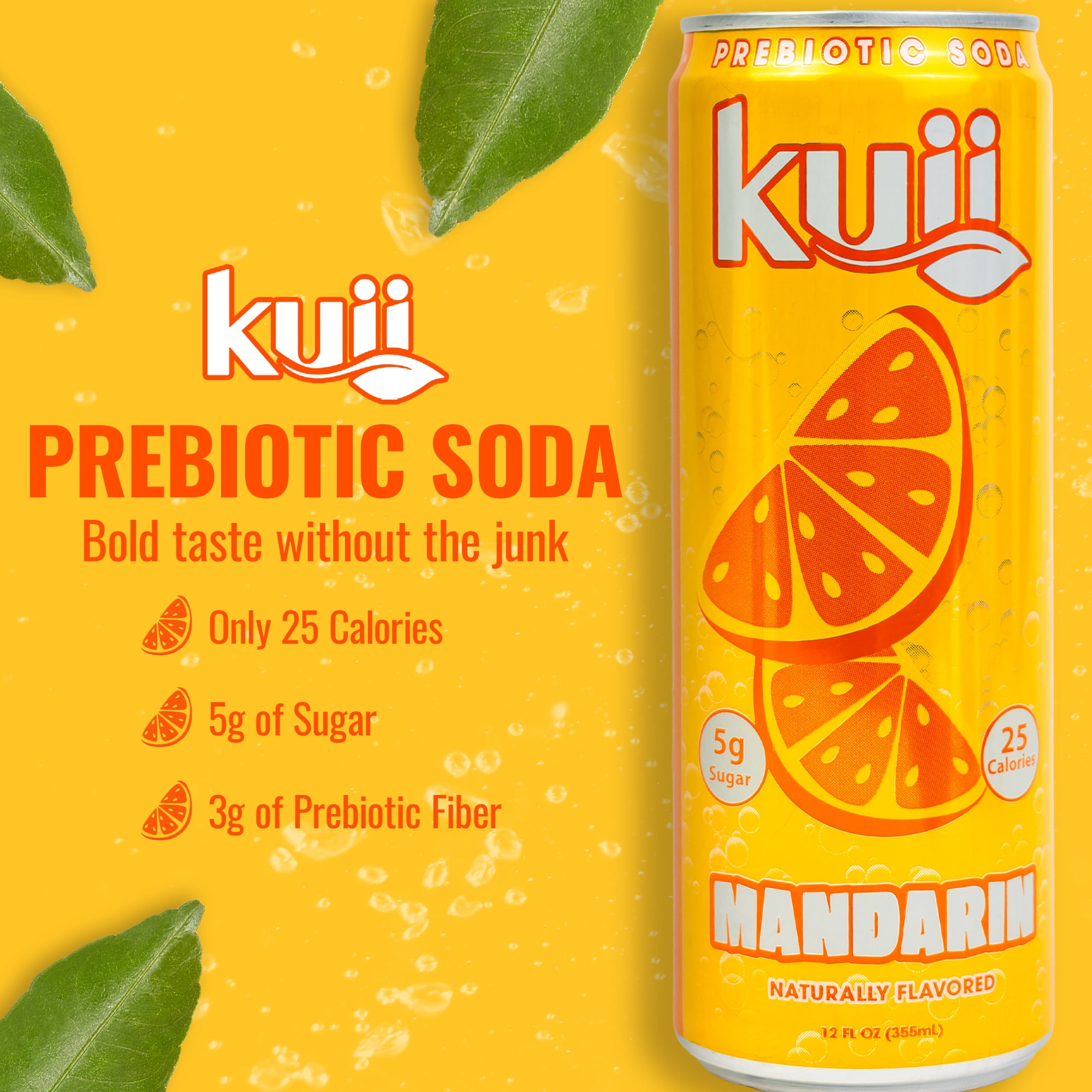 (12 pack) Kuii Prebiotic Soda, 12 fl oz, Single Aluminum Can, Mandarin