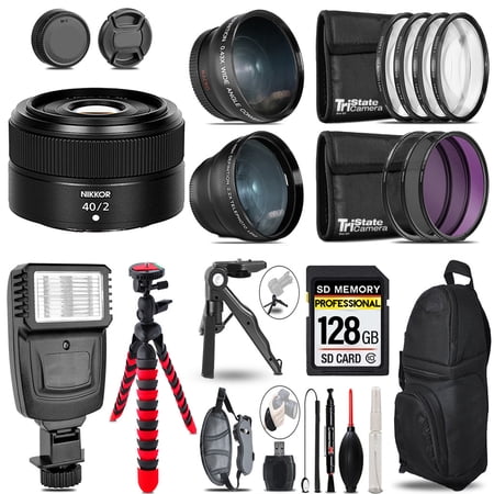 Nikon NIKKOR Z 40mm f/2 Lens -3 Lens Kit + Slave Flash + Tripod - 128GB Accessory Bundle