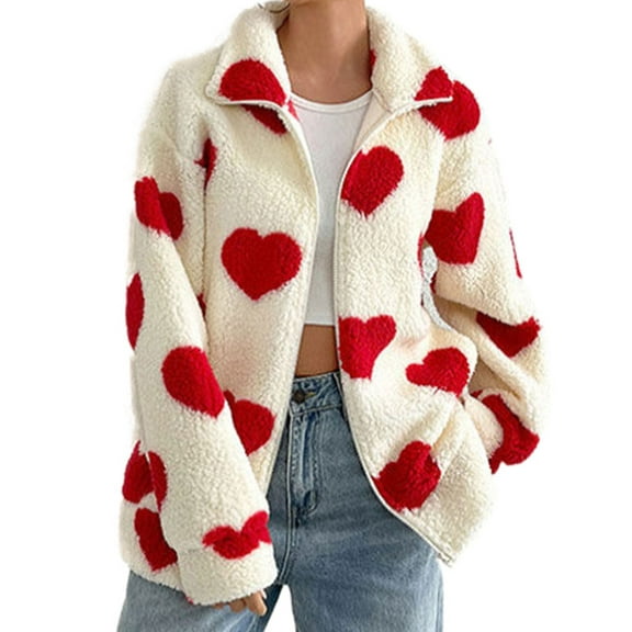 Women's Fleece Sherpa Jacket Heart Print Full Zip Loose Winter Warm Coat Valentine's Day Gifts Winter Outerwear Shermie
