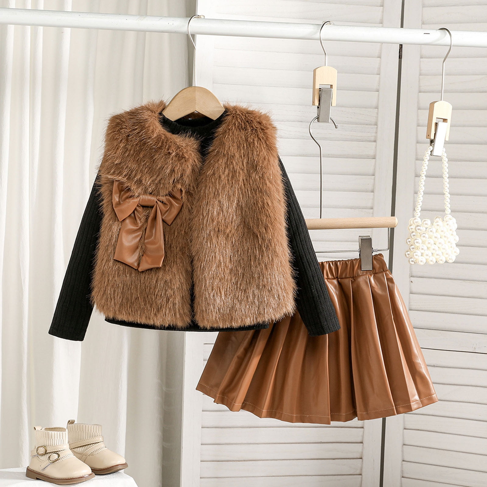 MEZZALL Girls Outfits Set Vest Long Sleeve Round Neck Tops PU Leather Pleated Skirt 3 Piece Outfits For Toddler Kids Fashionable Cartoon Clothing