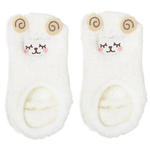 (1 pair) Coral fleece home non-slip silicone floor socks-5 white lamb