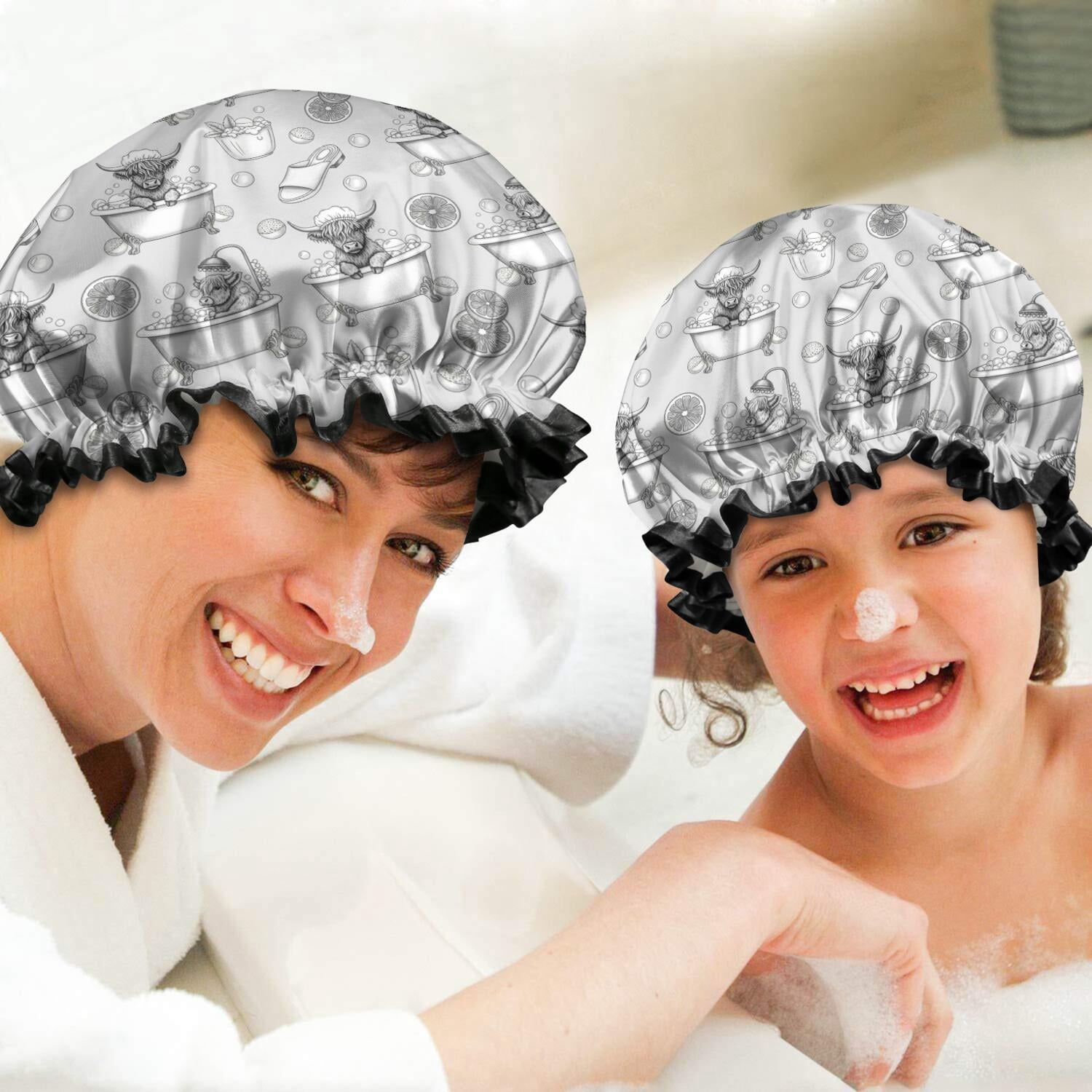 Shower Caps,Gray Highland Cow Bathtub Lemon Pattern Waterproof Shower Cap for Women 4 Pieces,Double Reusable Hair Cover for Shower PEVA Elastic Stretch Hem