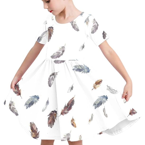 Odeerbi Niñas Verano A-Línea Vestido Pluma Impresión Swing Vestido Niños Manga Corta Vestido Elástico