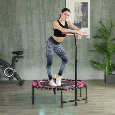Soozier 45" Mini Trampoline, Rebounder Trampoline for Adults with LED Lights and Adjustable Handle, Quiet Bungee Rebounder, Pink