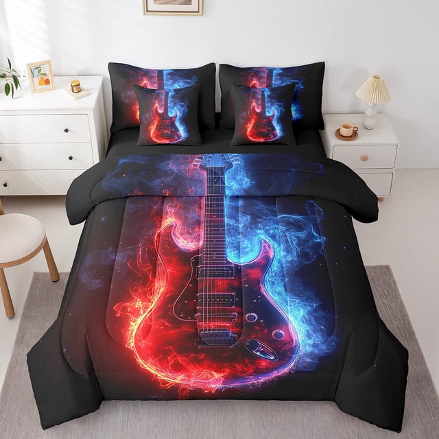 Erosebridal Literie Guitare Musicale Grand Lit, Ensemble de Lit Imprimé Glace et Feu Grand Lit, Noir Rouge Bleu, Réversible 7 Pcs