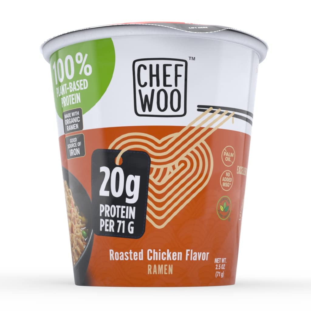 CHEF WOO Roasted Chicken Ramen Cup High Protein Noodles (2.5 oz), 20g of Animal-free, Bioavailable Protein, .