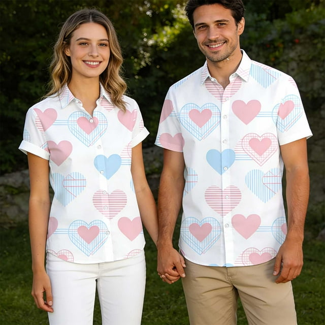 TaTaai Chemise Décontractée Imprimée pour Hommes et Femmes à Manches Courtes Col Rabattu, Cadeau Élastique Doux pour la Saint-Valentin et Noël