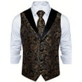 thumbnail image 5 of VBTAPA Men's V-Neck Suit Vests Formal Dress Vest Paisley Jacquard Tie Waistcoat Hanky Set for Holiday Party Wedding Gold M, 5 of 7