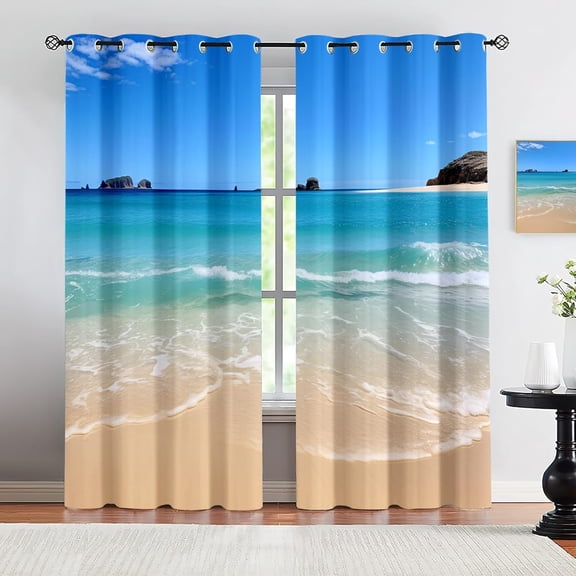 Ocean Beach Blackout Curtains, Tropical Ocean Scenery Window Drapes for Bedroom Living Room Kitchen, Thermal Insulated Grommet Curtains 26"W x 45"L (2 Pack)