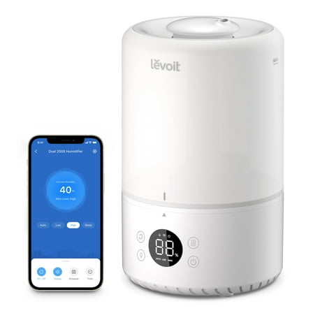 Levoit Dual 200S 3L 290 sq ft Ultrasonic Cool Mist Smart Humidifier, Top-Fill Design White