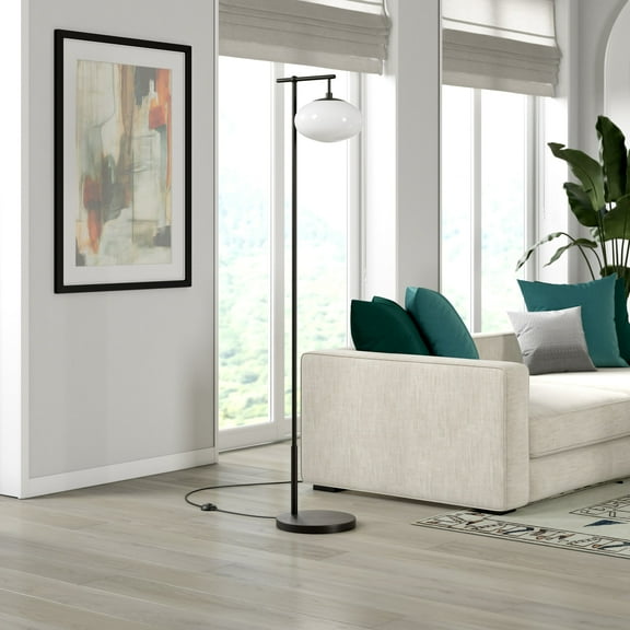 Evelyn&Zoe Blume 68" Tall Arc Floor Lamp with Glass Shade, Blackened Bronze/Milk White