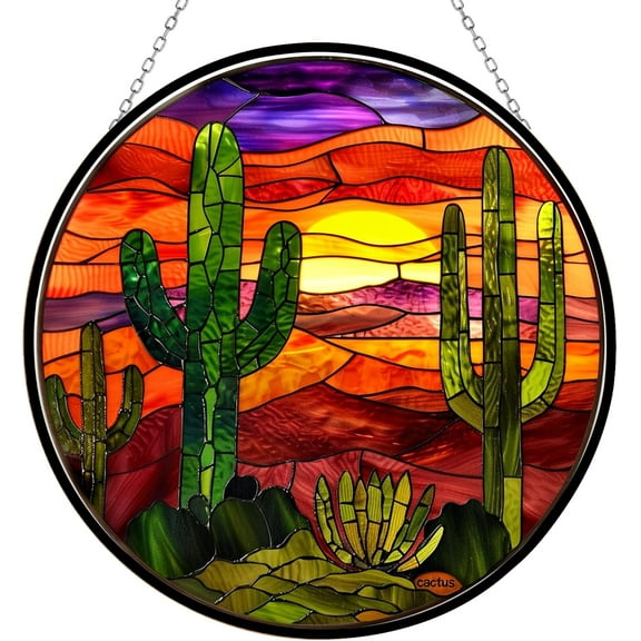 Cactus Stained Glass Window Hangings, Handcrafted Stained Glass Suncatchers, Gift for Cat Lovers Nature Lovers Mother's Day