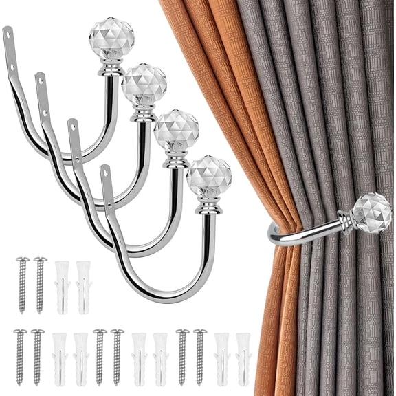 Curtain Holdbacks 4Pcs U Wall Mounted Metal Tie Backs Hook Decorative Decorative Metal TieBacks with Crystal Ball Tie Backs for Window Shower Drapery Voile Towel Home Office Hotel Drapes (Silver)