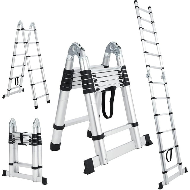 Towallmark 12.5 ft Aluminum Telescoping Ladder – Lightweight A-Frame Portable Ladder with Stabilizers and Non-Slip Feet, Collapsible for Indoor & Outdoor Projects