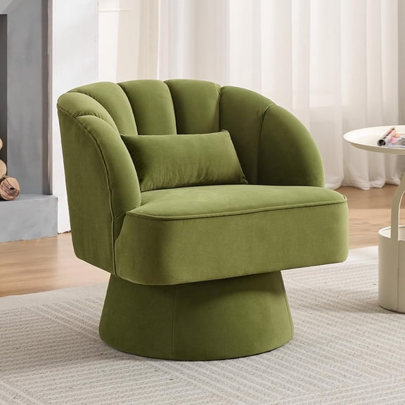 Modern Swivel Barrel Accent Chair, 360 Degree Velvet Upholstered Armchair with Striped Backrest & Plush Padding, Comfy Round Lounge Chair for Living Room, Bedroom, Reading Nook, Green