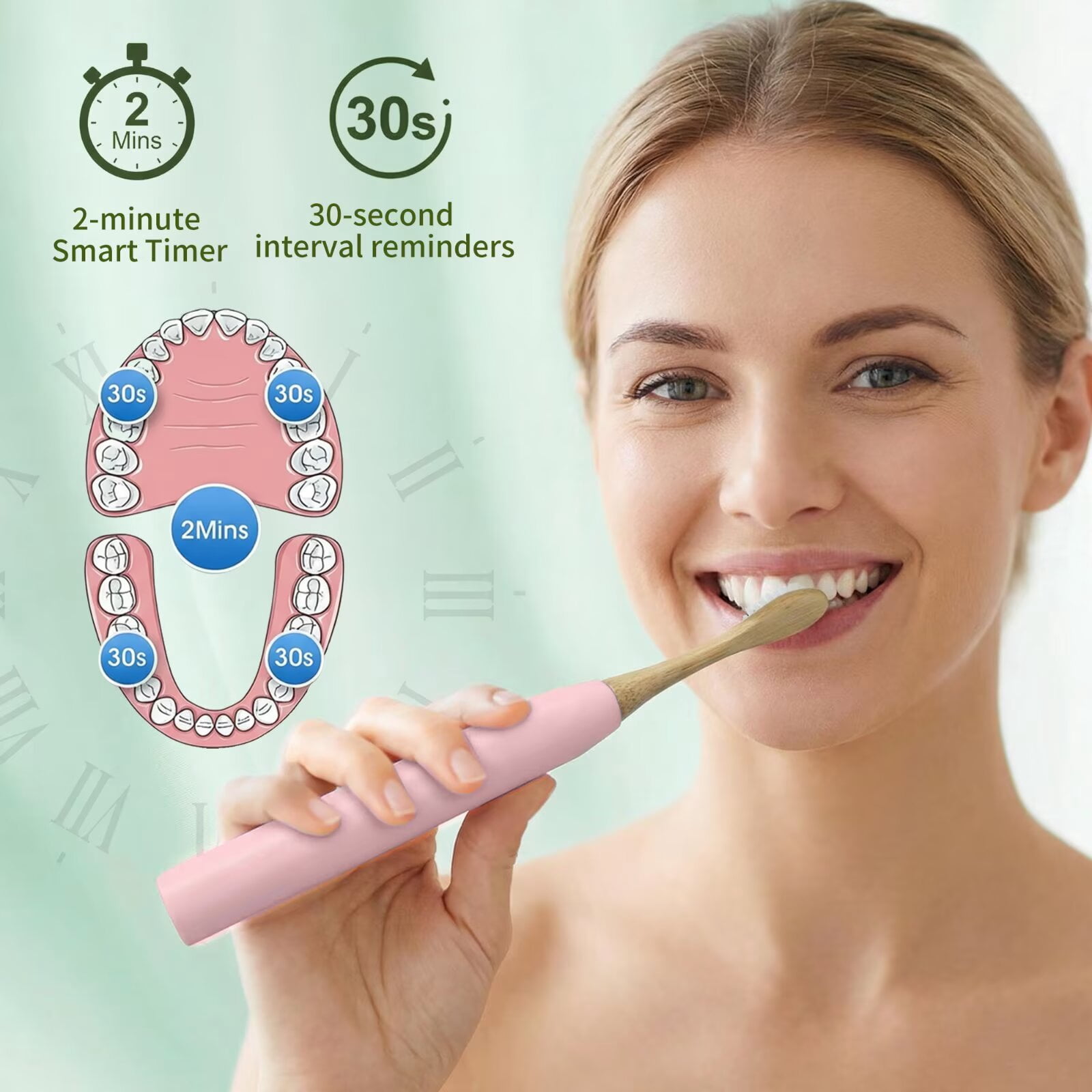 GUFICLE Sonic Bamboo Electric Toothbrush Set - 4 Biodegradable Heads, 5 Modes, Waterproof Zero Waste Sustainable Toothbrush, Pink