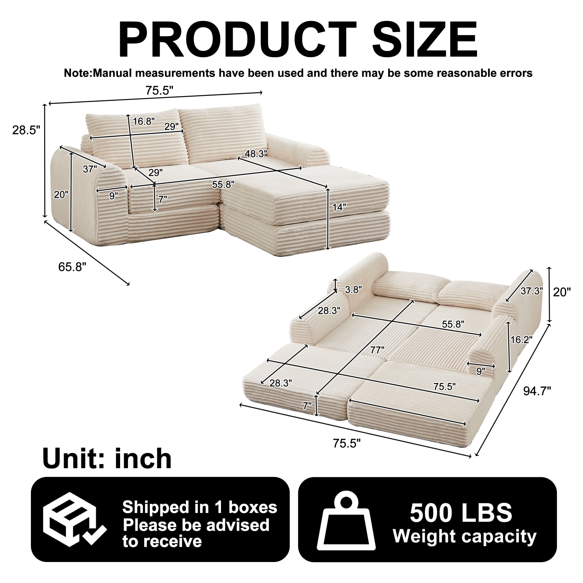 2-in-1 Corduroy Convertible Sleeper Sofa Bed with with Two Throw Pillows & Curved Lines for Living Room,Easy Assembly,Beige