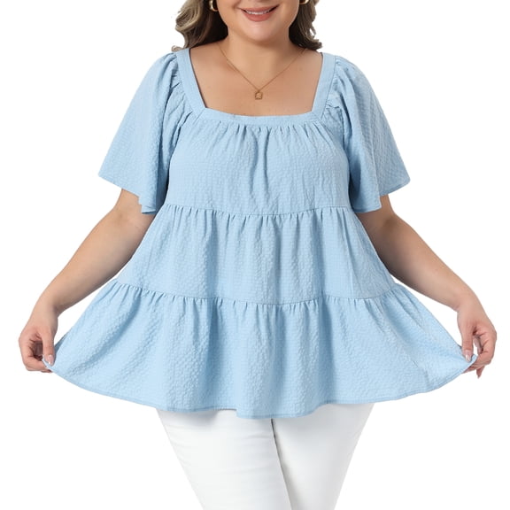 DARING DIVA Women's Plus Square Neck Babydoll Loose Flowy Blouses 1X Light Blue