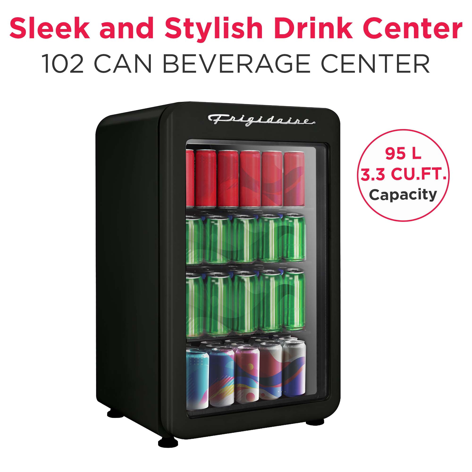 Frigidaire 3.3 Cu. ft. 102 Can Retro Refrigerator, 95 Liter Mini Fridge with Glass Door, Black