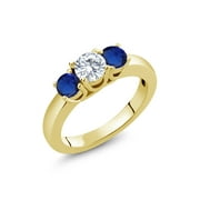 Gem Stone King 18K Yellow Gold Plated Silver 3-Stone Wedding Jewelry Bridal Ring Forever Classic Round 1.00cttw Created Moissanite by Charles & Colvard and Created Sapphire