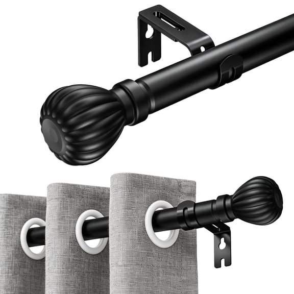 Surprizo 1" Adjustable Heavy Duty Single Curtain Rod Set, Ball Finials, Bracket Included, Black,30”-90”