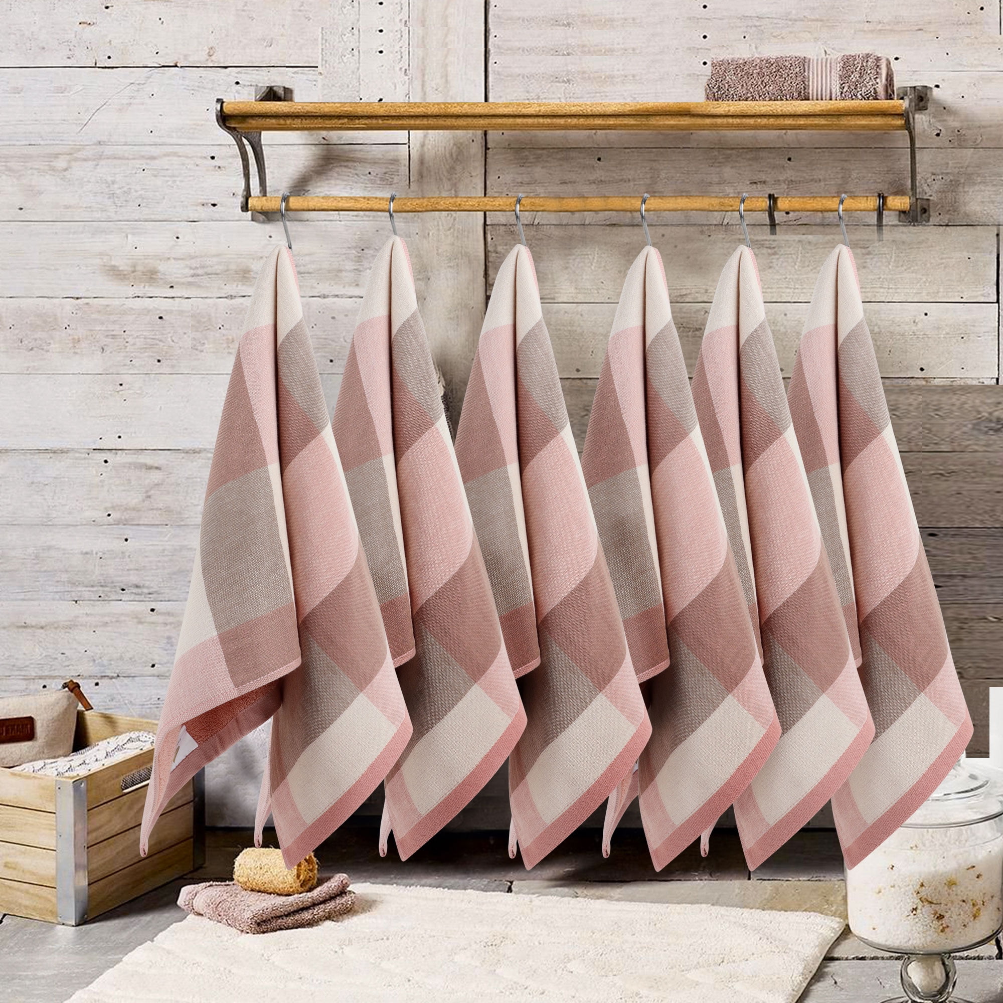 PiccoCasa 6 Pack 100% Cotton Kitchen Dish Towel 13" x 29" Pink Plaid