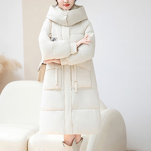Xdegoge Long Winter Coats for Women with Hood Thick Warm Padded Puffer Down Jackets Knee Length Zip Up Snap Button Heavyweight Travel Thermal Quilted Jacket Pockets Outerwear