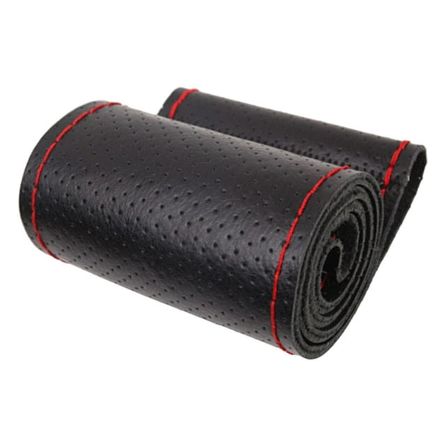 Funda de cuero para volante de coche, 38 cm, antideslizante, transpirable, accesorios línea roja negra