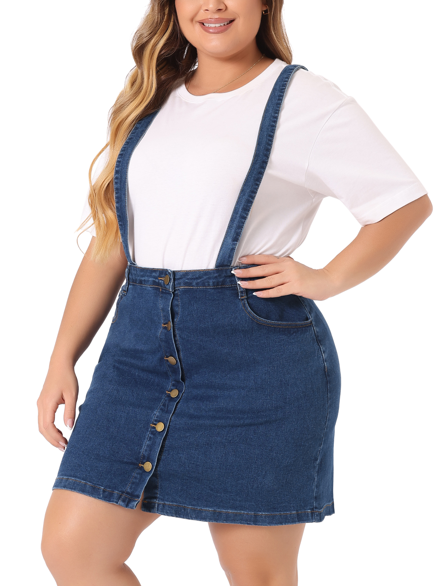 DARING DIVA Women's Plus Size Suspender Adjustable Strap Denim A-Line Dress 1X Dark Blue