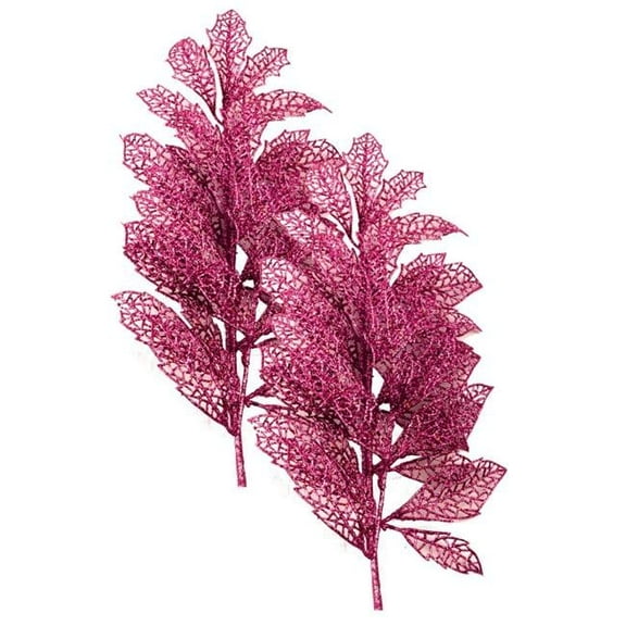 Queens of Christmas 24 in. Glittered Leaf Pick for Christmas Decoration, Pink - Pack of 2