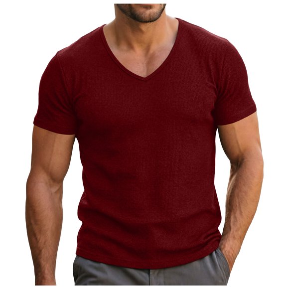 Zshosam V Neck T Shirts Men Men's Crewneck T-Shirts Short Sleeve Plain Tee Moisture Wicking Casual Tshirts Solid Color Size M,(Wine M)