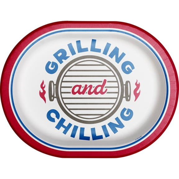 Red/White/Blue Grilling and Chilling Oval Disposable Paper Plates, 12" x 9.25", 8 Count, Patriotic by Way To Celebrate