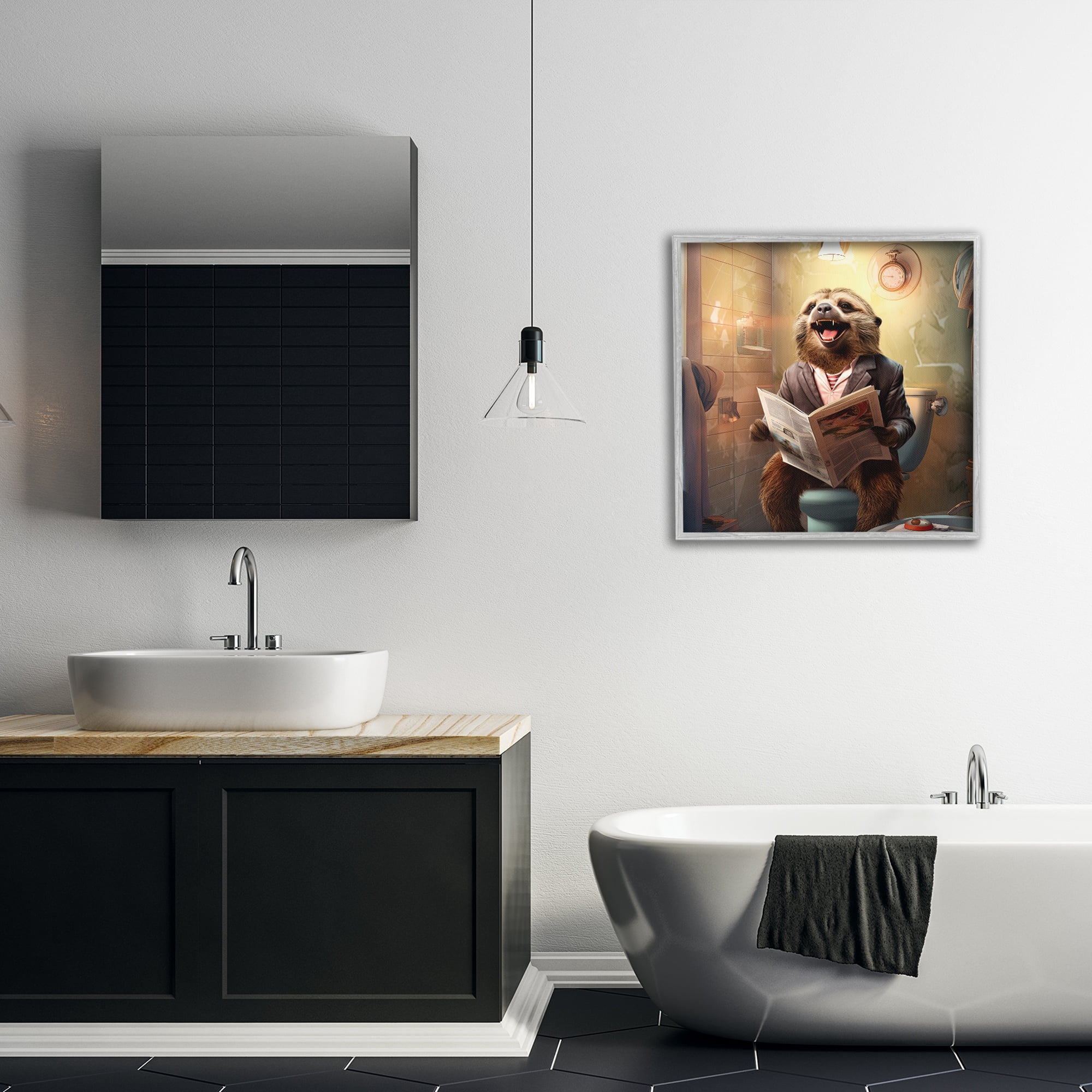 Stupell Industries Smiling Sloth on Toilet Typography Painting Gray Framed Art Print Wall Art, 24 x 24