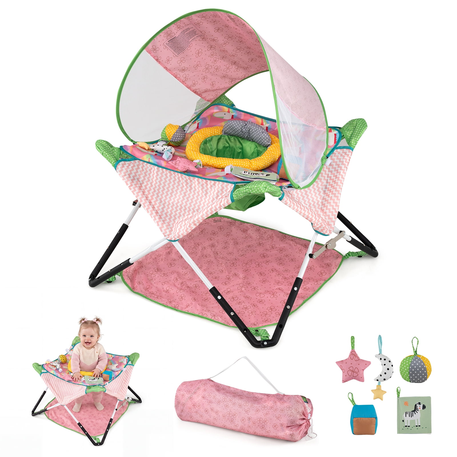 Costway Foldable Portable Baby Jumper, Interactive Toys, 3 Adjustable Heights, Canopy Pink