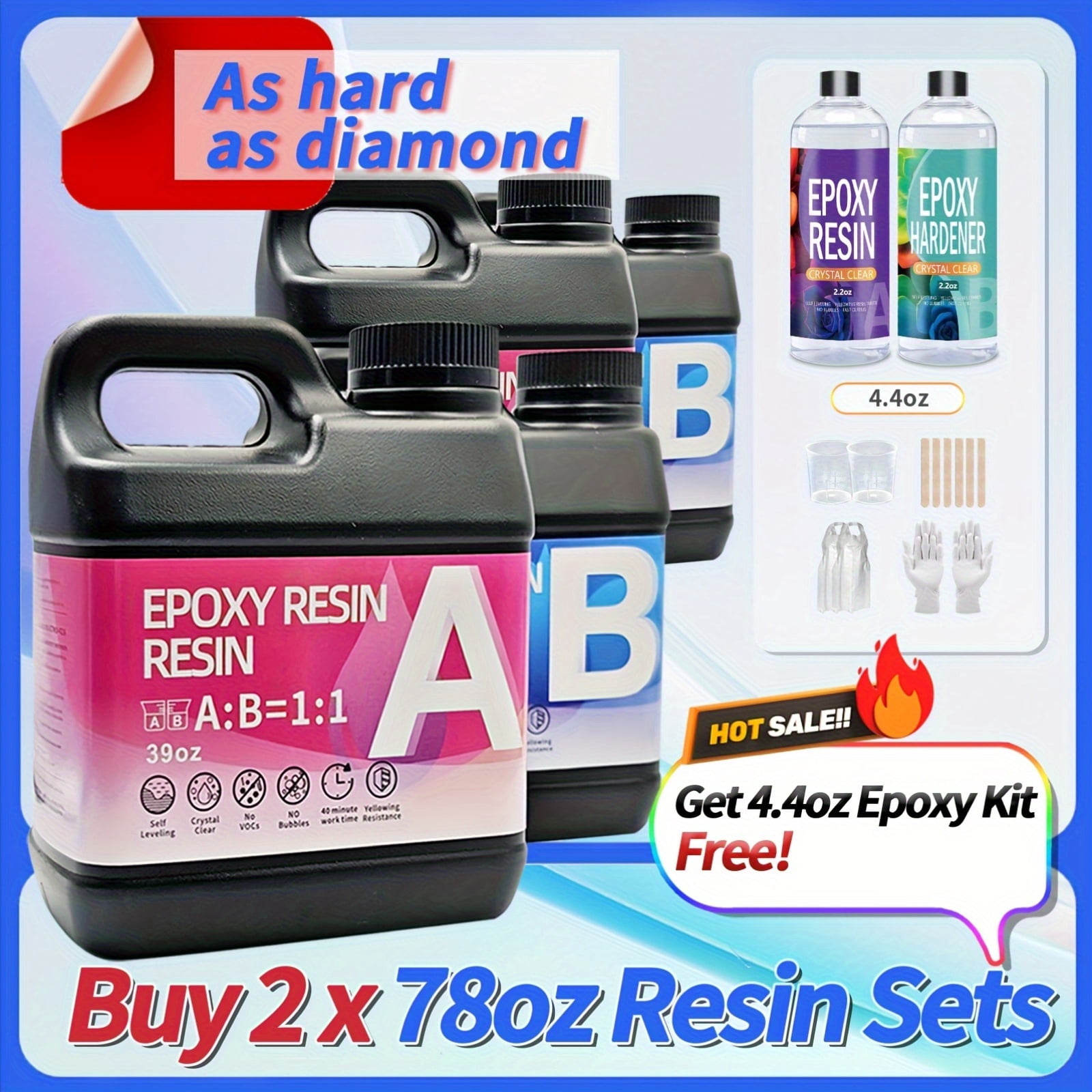 Buy 2 Get 1 Free, 2-Pack 78Oz Epoxy Resin (1.22 Gallon) W/ 1 FREE 4.4Oz Kits - Crystal Clear & Bubble-Free for Pro Crafting!