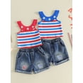 thumbnail image 3 of BemeyourBBs Toddler Baby Girl 4th of July Outfit Baby Girl Denim Summer Outfit Patriot Independence Day Clothes Sleeveless Star Striped Print Ribbed Tank Tops and Ripped Jeans Denim Shorts Set, 3 of 9