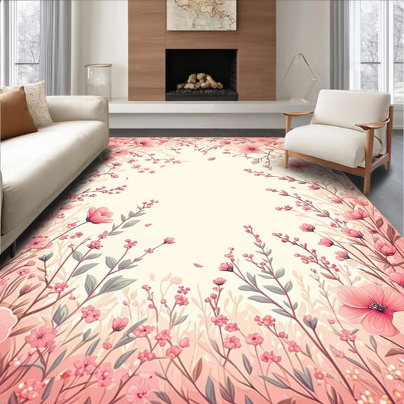 Flatwoven High Traffic Area Rug, Whimsical Wildflower Tapestry With Artisanal Detail, Non Slip, Stain Resistant, Washable Area Rugs for Living Room, Bedroom(Rose, 4X6)