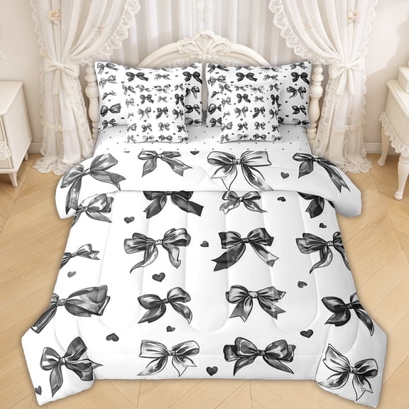 Erosebridal Watercolor Bow Bedding Comforter Set for Girls, Black Love Heart Full Bedding Set for Women, Reversible, 7pcs