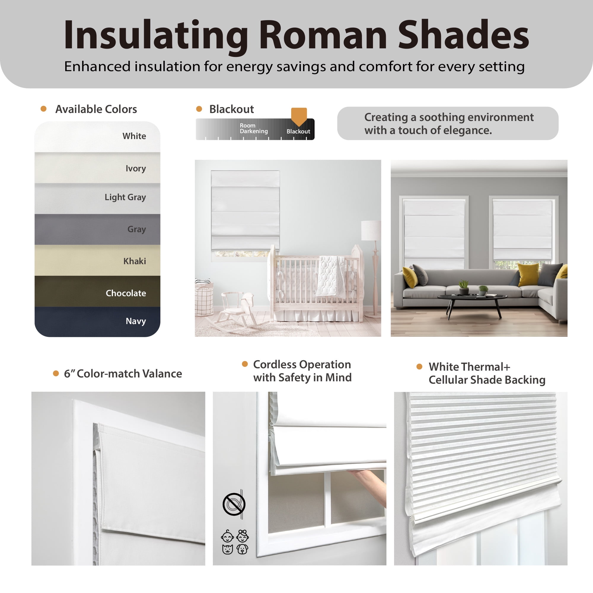 Regal Living Insulating Cordless Blackout Roman Shade, Gray, 61W x 72L