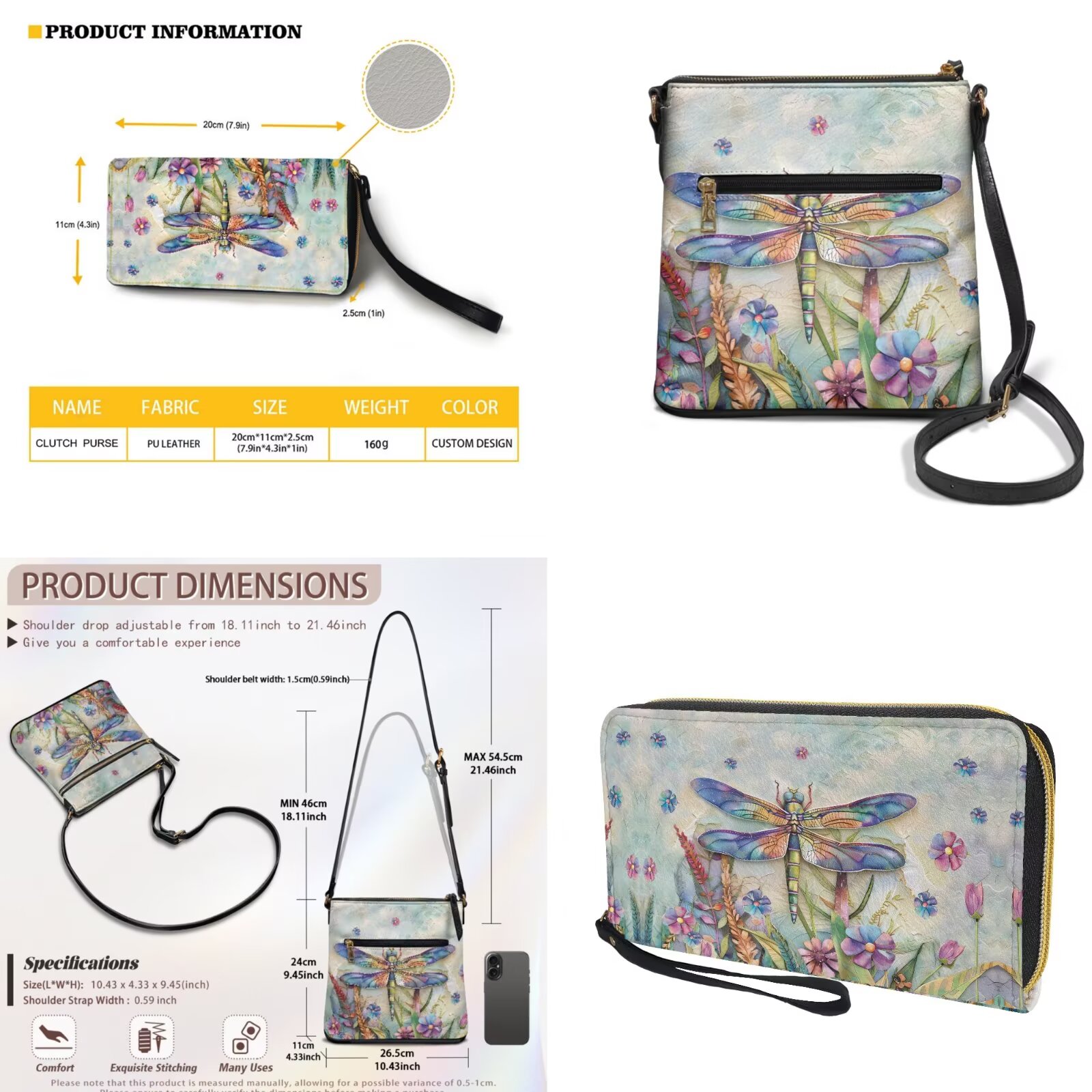 ZUXONGSY Painted Glass Dragonfly Floral Print Women's Leather Crossbody Bag and Matching Wallet Set, Satchel Hobo Purse with Multi-Pockets, Adjustable Shoulder Strap