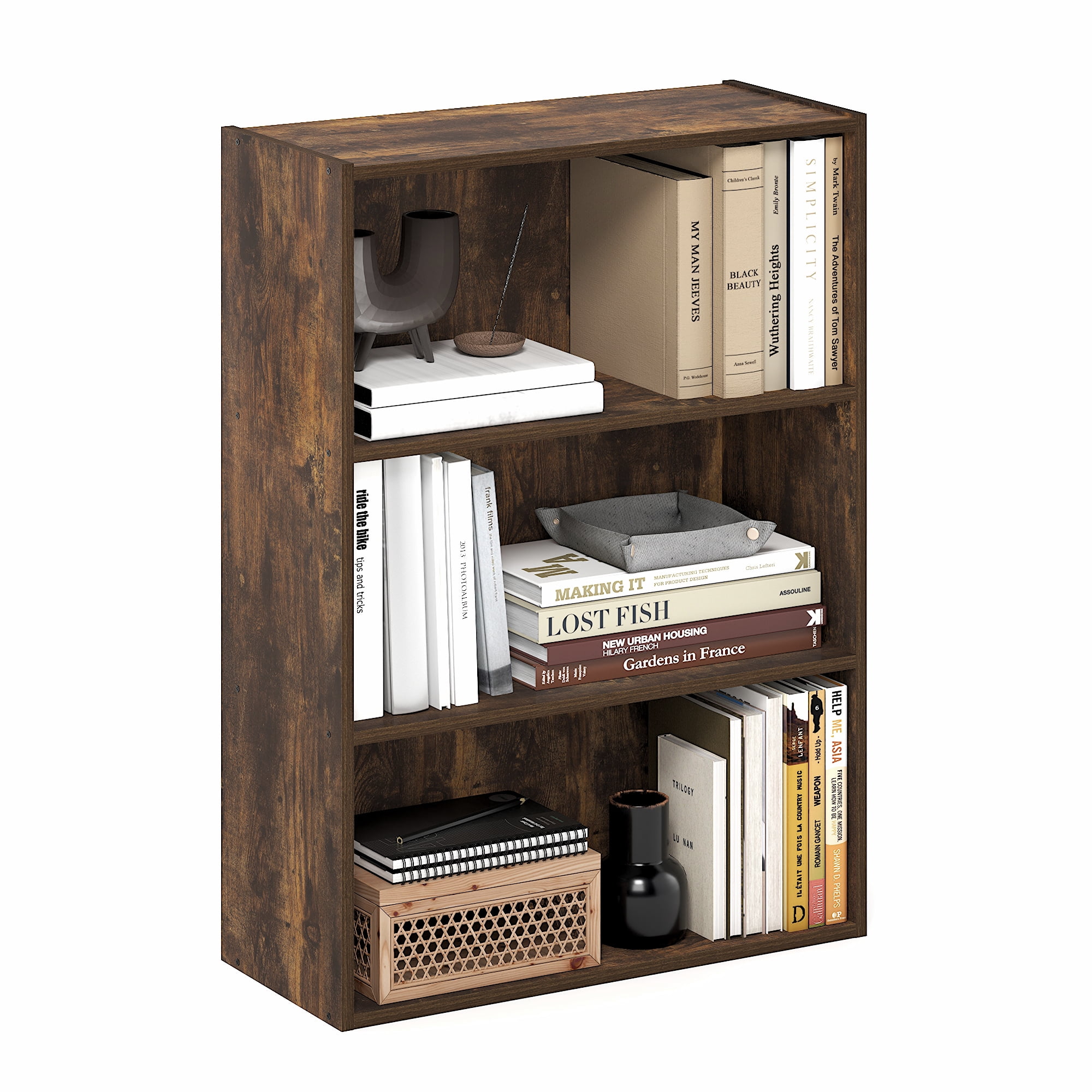 Furinno PASIR Book Shelf, 3-Tier Bookshelf, Storage Shelves Bookcase, 9.7 x 23.7 x 31.5, for Living Room, Bedroom, Home Office, Amber Oak