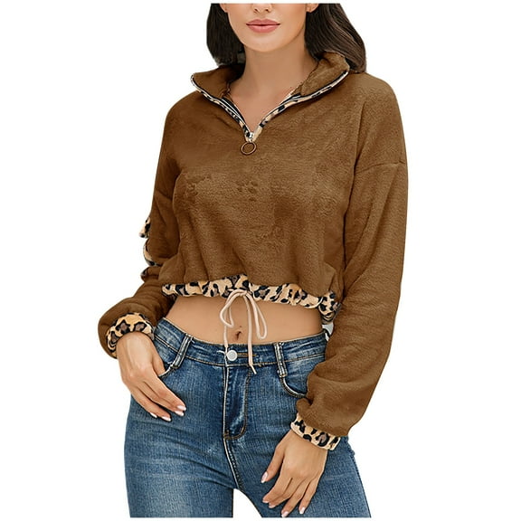 Fesfesfes Fashion Women Fleece Cropped Tops Lamb Zipper Coat Plush Pullover Long Sleeve Flannel Shirt Top