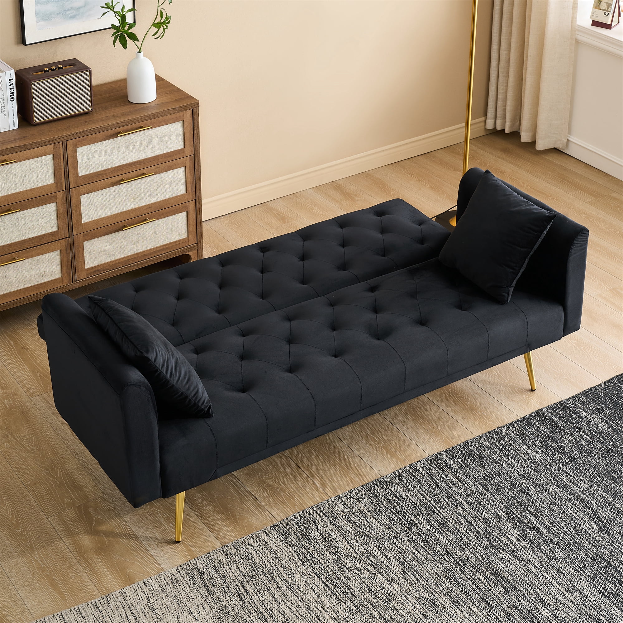Aukfa Curved Arm Futon Convertible Sofa Bed for Home Office, 2 Pillows, Tufted Back, Velvet, Black