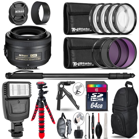 Nikon AFS 35mm 1.8 + Slave Flash + MACRO, UV-CPL-FLD - 64GB Accessory Bundle (International Version)