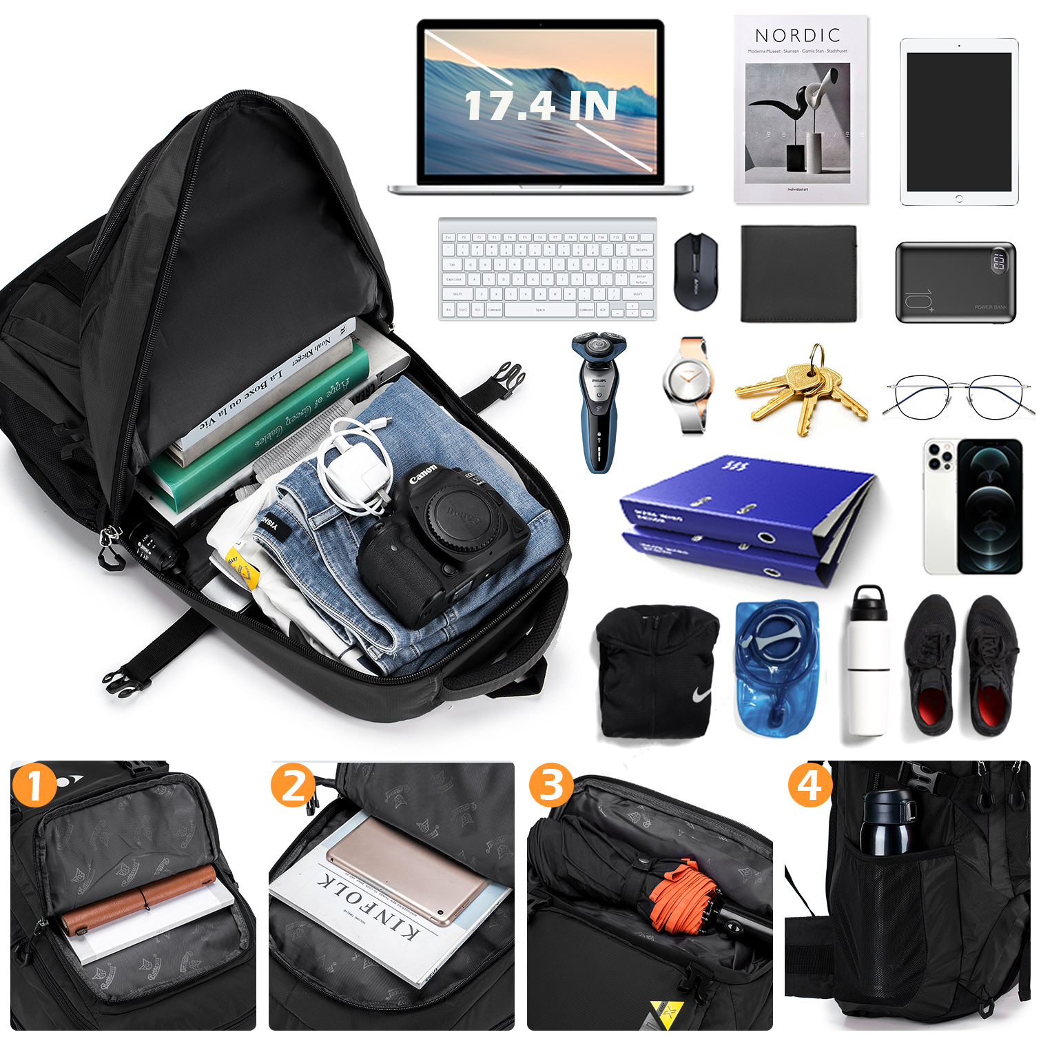 BAGZY Travel Backpack 70L Trekking Backpack Laptop Backpack 15.6 inch Large Cabin Bag Rucksack Cabin Hand Luggage Suitcase Daypack Travel Bag (Black) - image 3 of 6