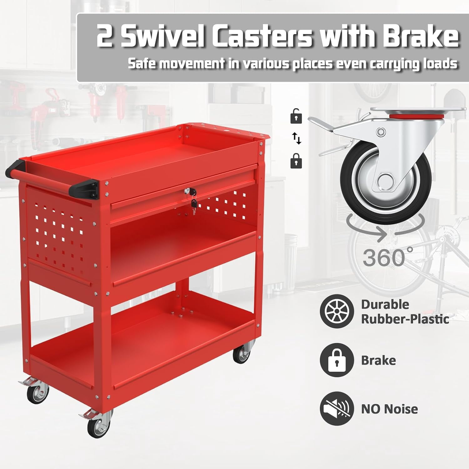 Odaof 3 Tier Rolling Tool Cart,Tool Chest and Tool Organizer with Wheels and Drawer,330 lbs Capacity Utility Cart for Garage Warehouse(Red)