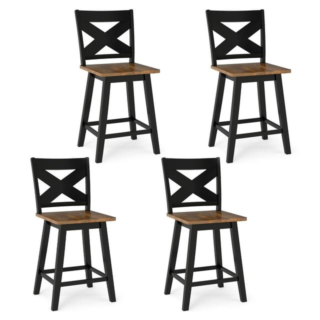 Gymax 24'' Swivel Barstools Set of 4 w/Backrest Large Seat Footrest for Kitchen Island Black & Walnut